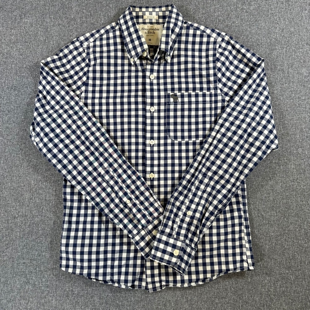 Abercrombie &‎ Fitch Mens Muscle Fit Shirt Medium Blue Gingham Plaid Cotton L/S
